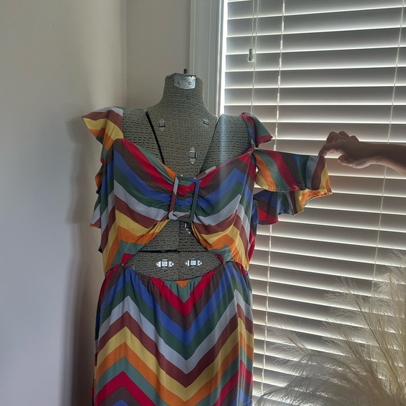 NWT Eloquii Size 20 Ruffle Strap Chevron Printed Midi Dress - Picture 3 of 7